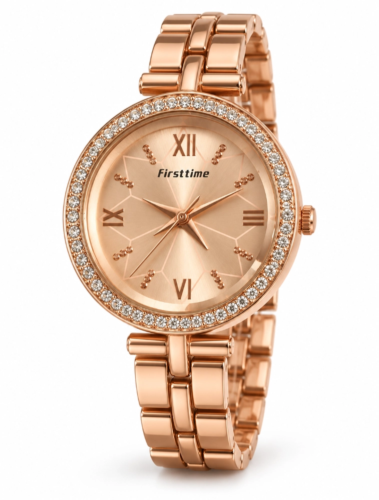 Rose Gold Womens Crystal Bezel Analog Wrist Watch