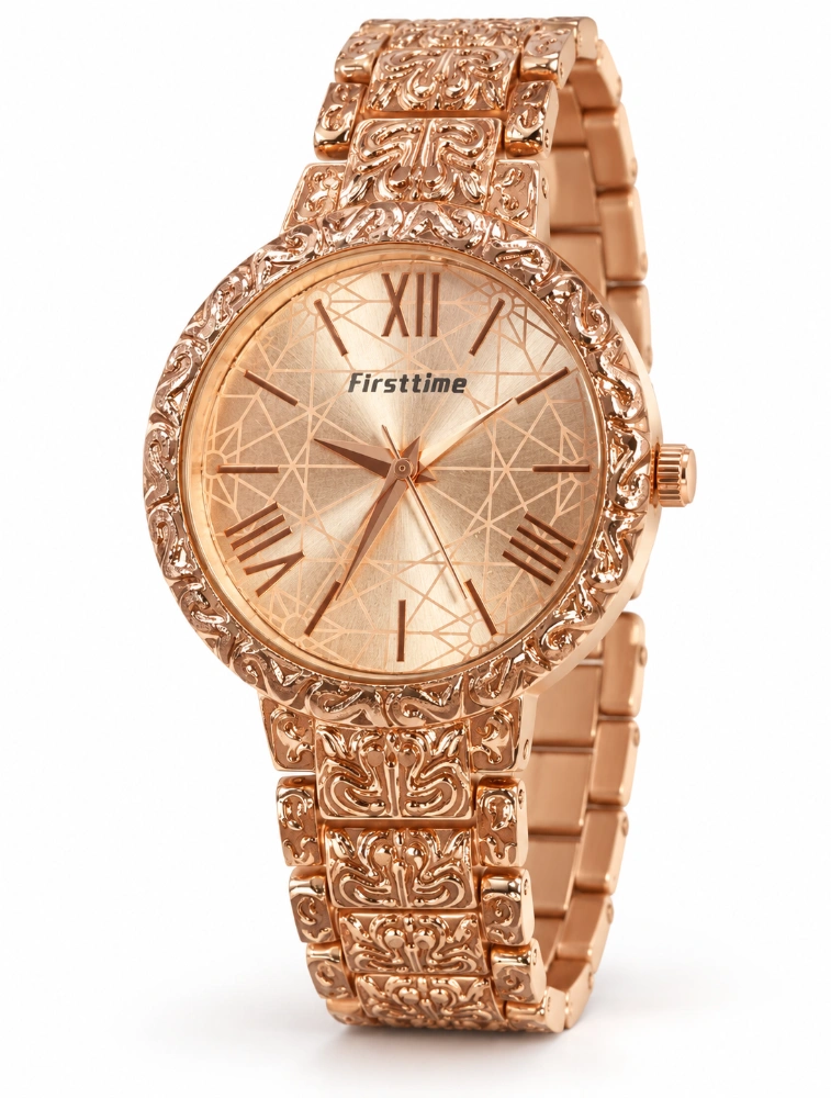Rose Gold Womens Ornate Analog Bracelet Watch