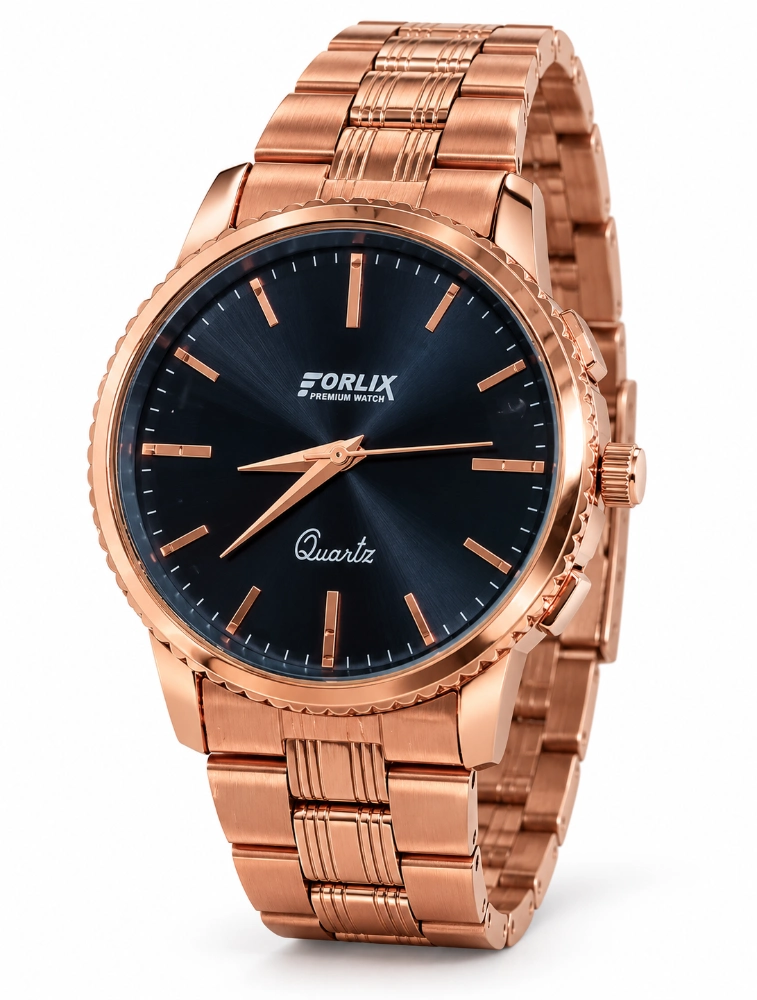Rose Gold with Black Mens Textured Bezel Wrist Watch
