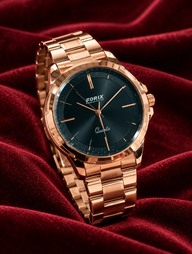 Rose Gold with Black Modern Classic Stainless Steel Wristwatch