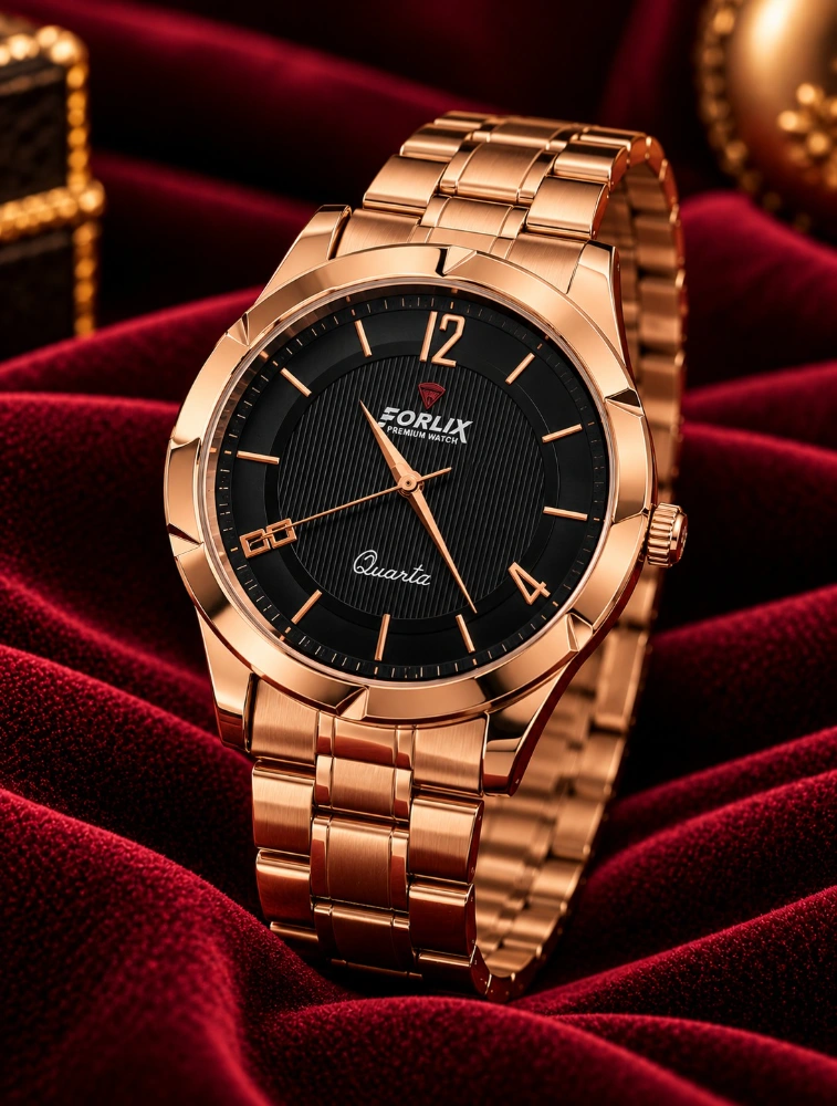 Rose Gold with Black Round Face Stainless Steel Watch