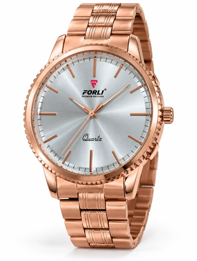 Rose Gold with White Mens Textured Bezel Wrist Watch