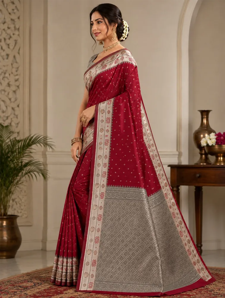 Rose Red Womens Premium Semi Gadwal Saree With Turning Border
