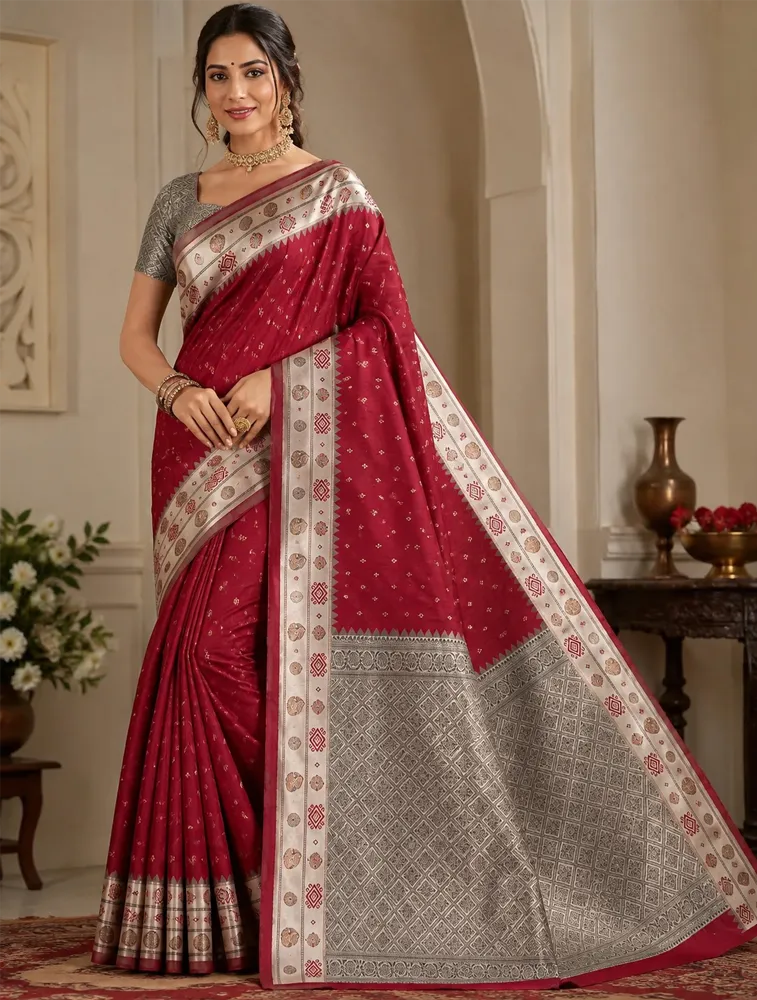 Rose Red Womens Premium Semi Gadwal Saree With Turning Border