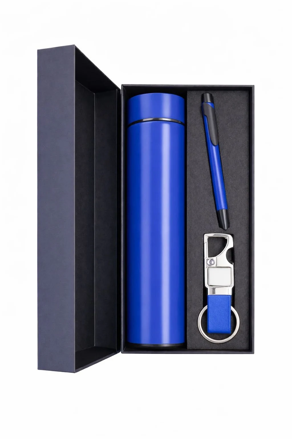 Royal Blue 3 in 1 Corporate Gift Set with Temperature Water Bottle Keychain Pen