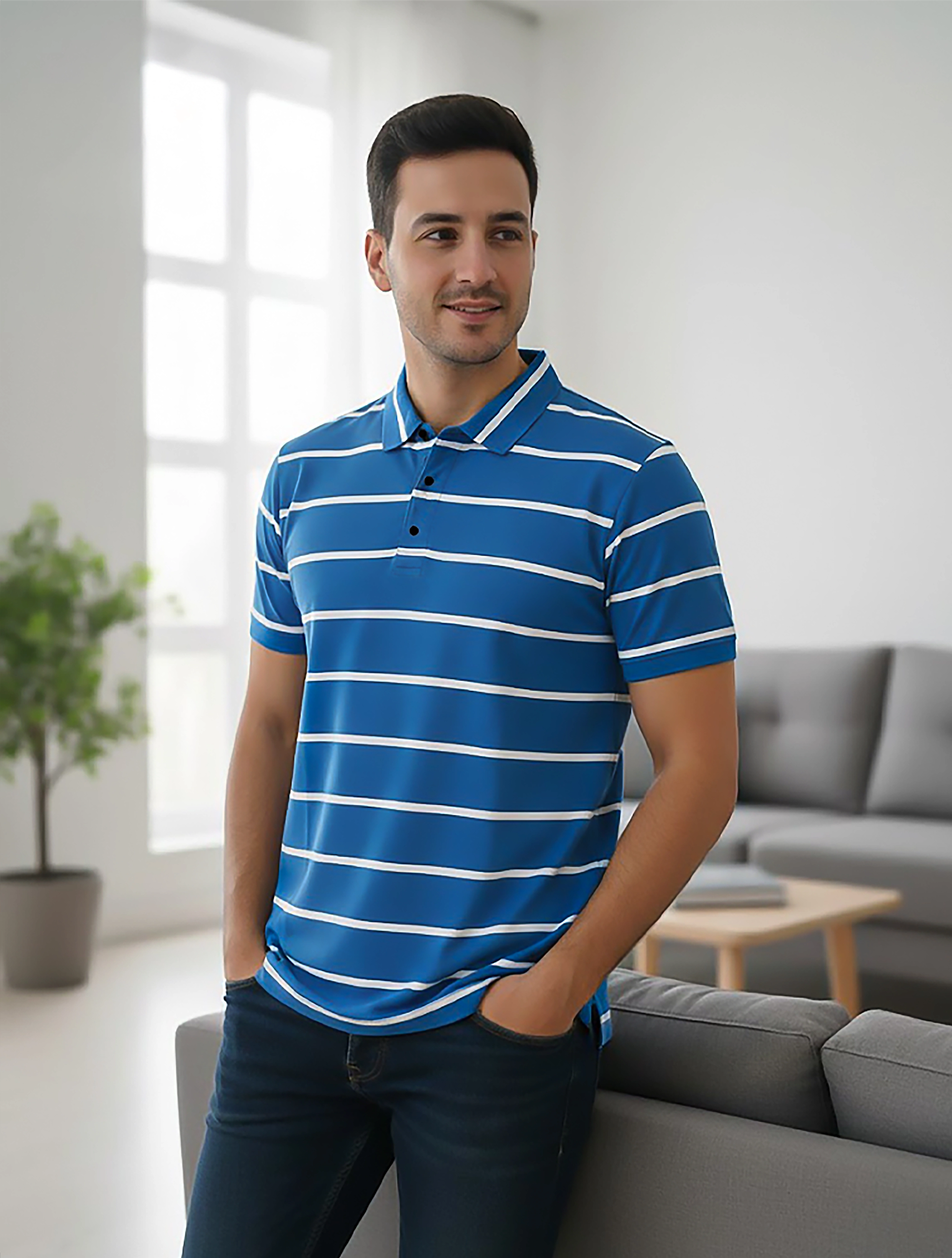 Royal Blue Matty Pique White Stripes 190 GSM Polo T shirts