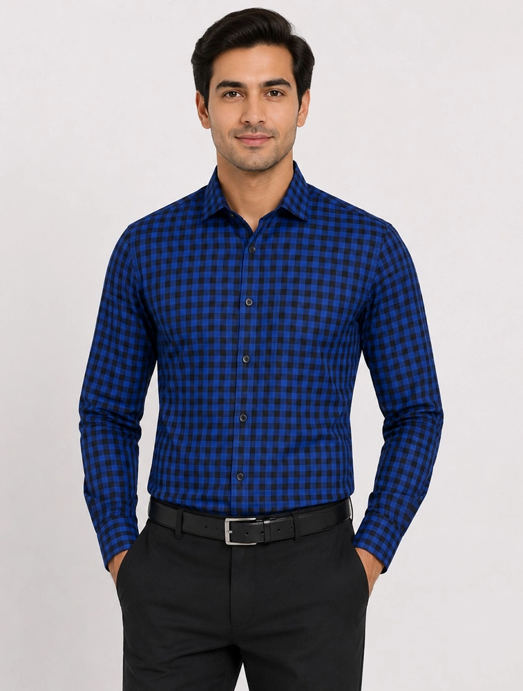  Royal Blue Men's Cotton Full Sleeve Check Shirt     