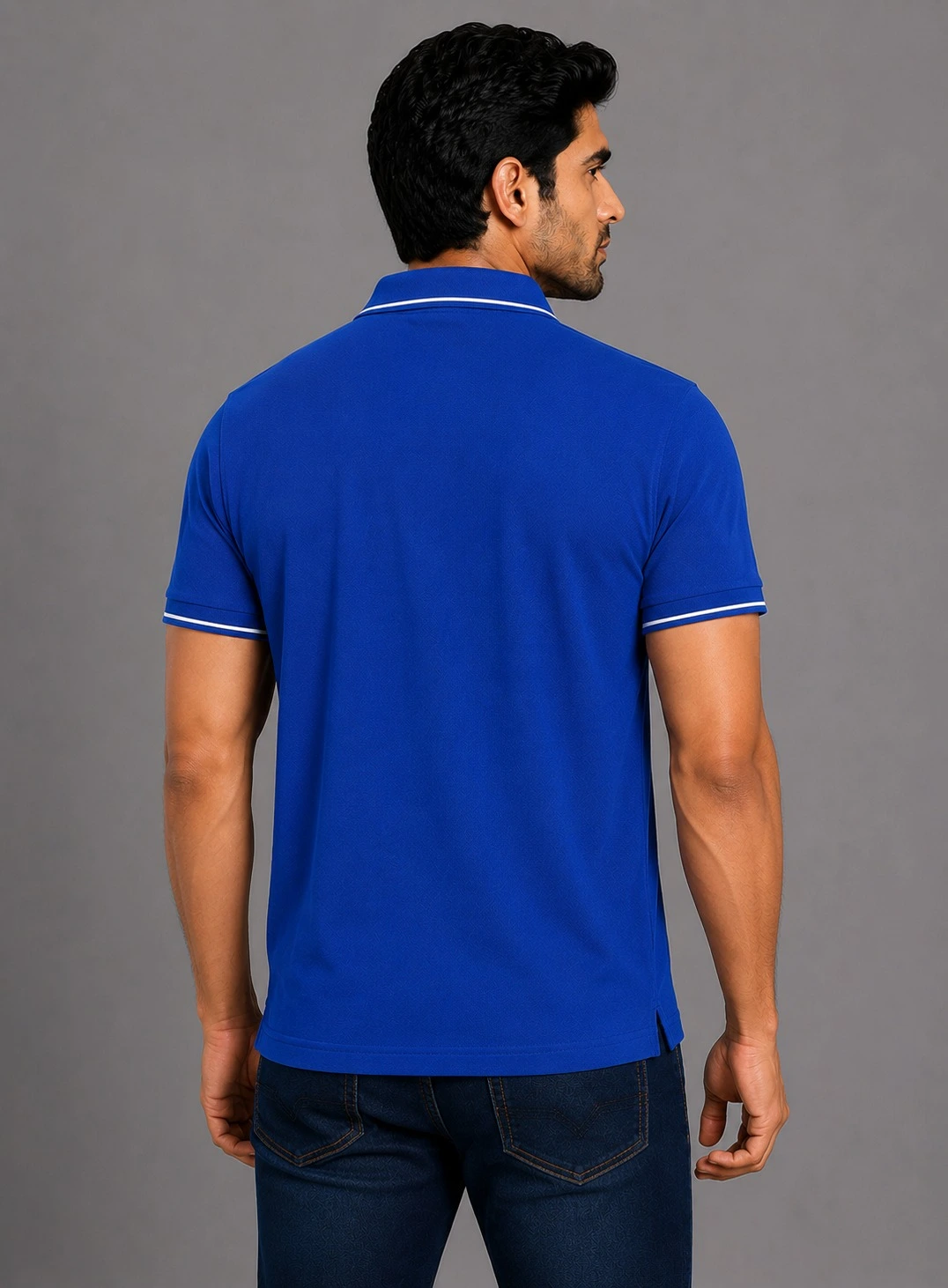 Royal Blue Mens Premium Cotton 270 GSM Half Sleeve Polo T Shirt With White Collar And Sleeve Tipping