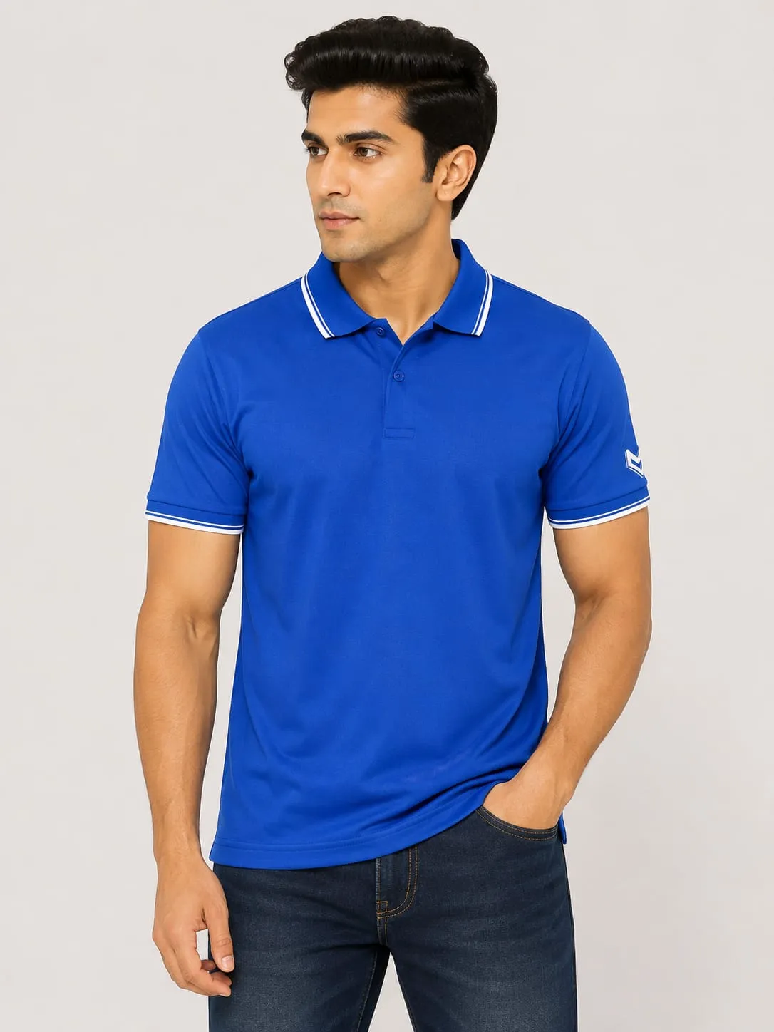 Royal Blue Mens Premium Primo Knit 200 GSM Polo TShirt With White Collor And Sleeve Tipping 