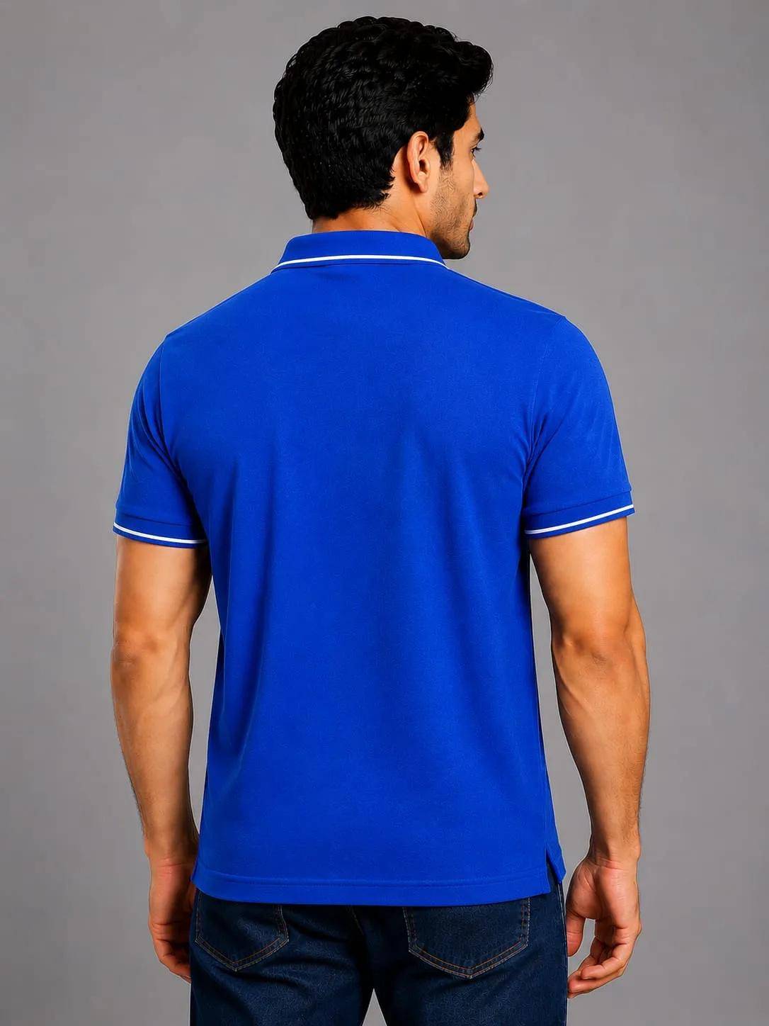 Royal Blue Mens Premiun Cotton 270 GSN Half Sleeve Polo T Shirt With White Collar And Sleeve Tipping