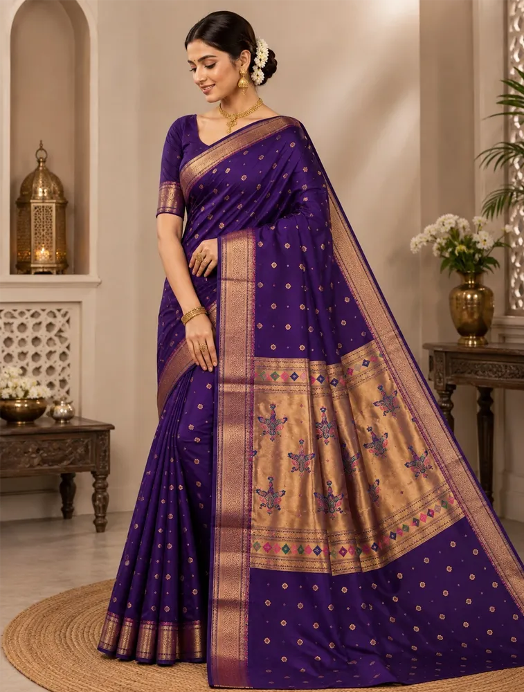 Royal Purple Womens Premium Semi Paithani Saree