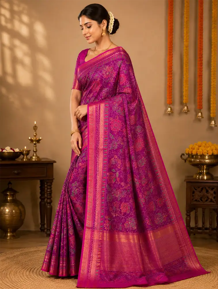 Royal Purple Womens Printed Heritage Slub Cotton Saree  