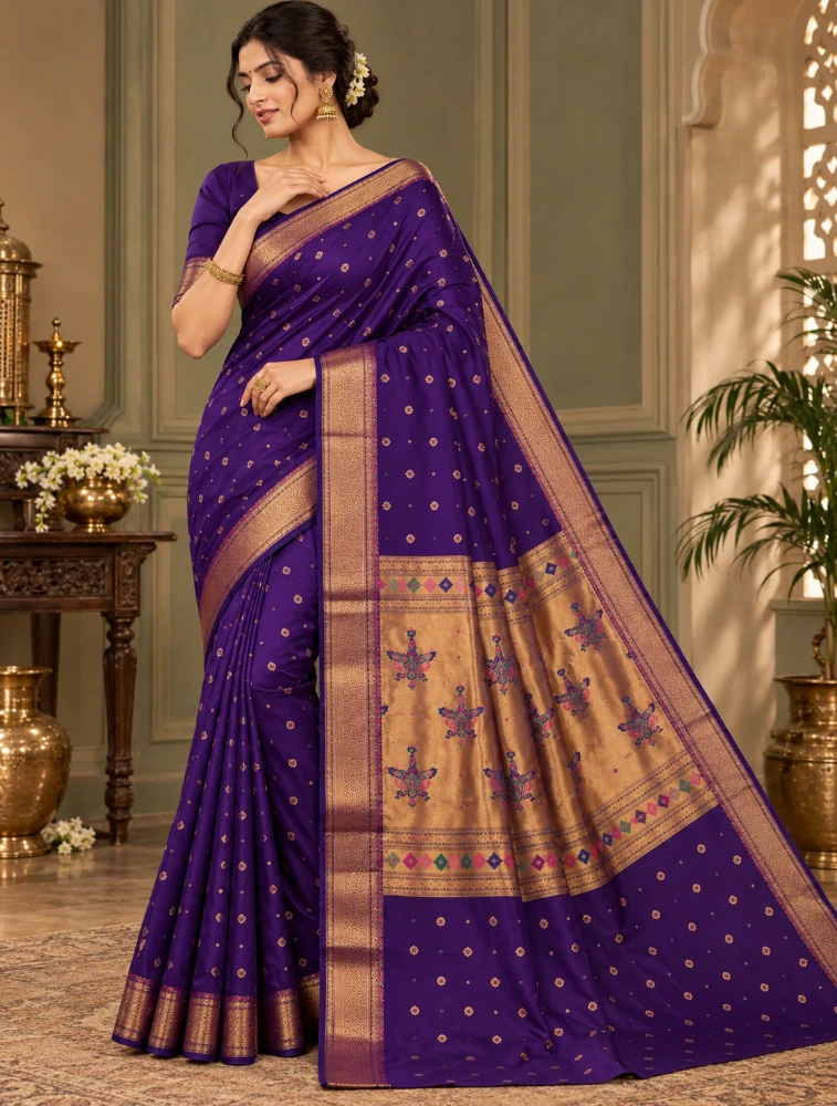 Royal Purple Womens Royal Semi Paithani Saree with Elegant Zari Detailing