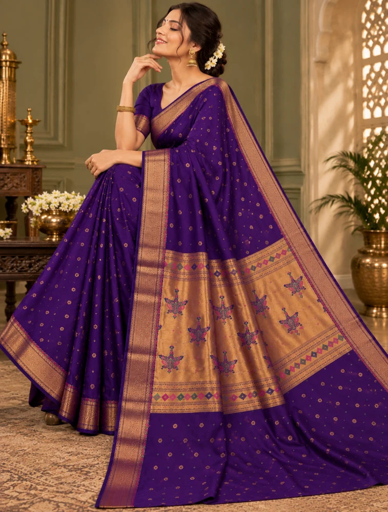 Royal Purple Womens Royal Semi Paithani Saree with Elegant Zari Detailing