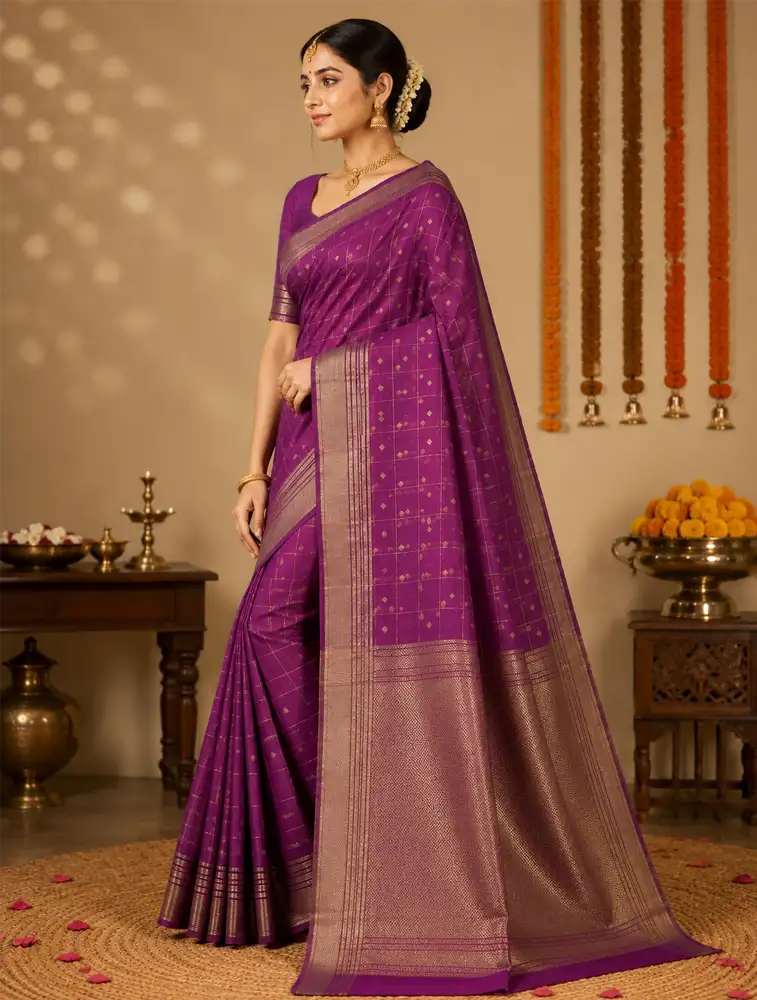 Royal Purple Womens Rust Printed Linen Saree Collection