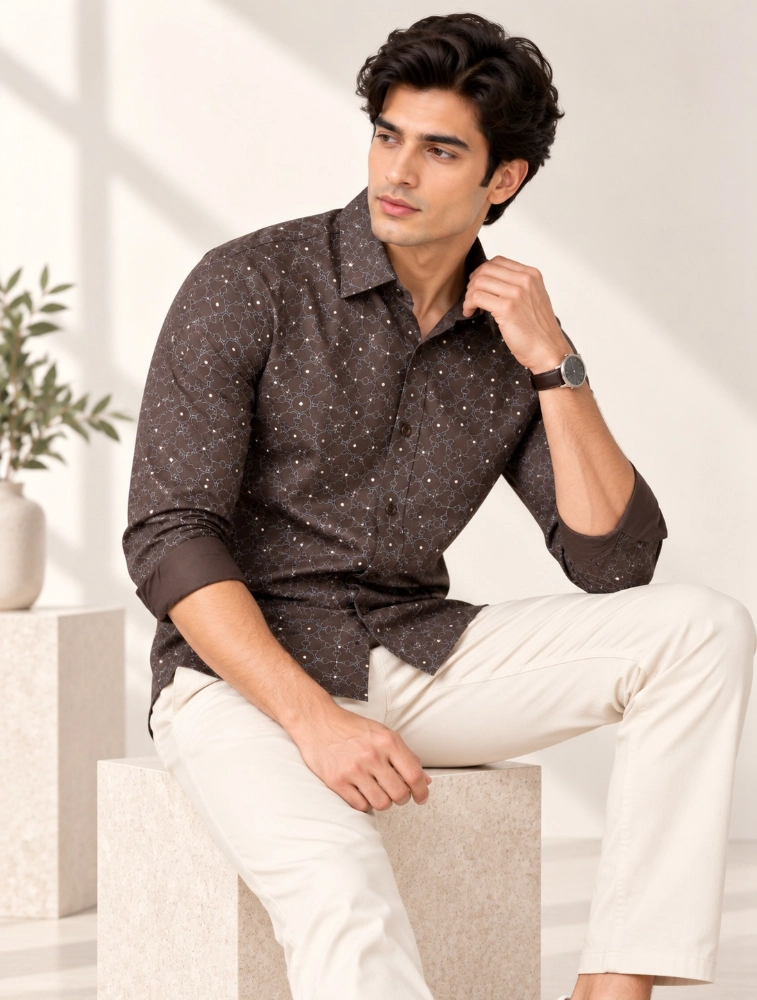 Rust Brown Mens Premium Slim Fit Printed Shirt