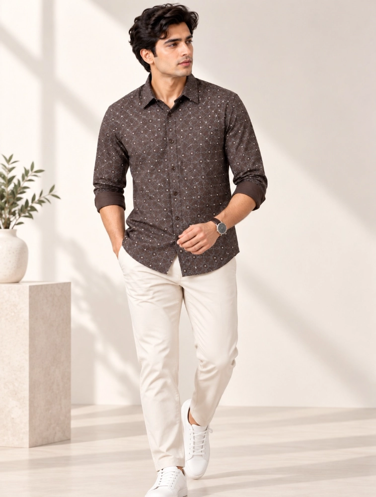Sumukhatrends Rust Brown Mens Premium Slim Fit Printed Shirt
