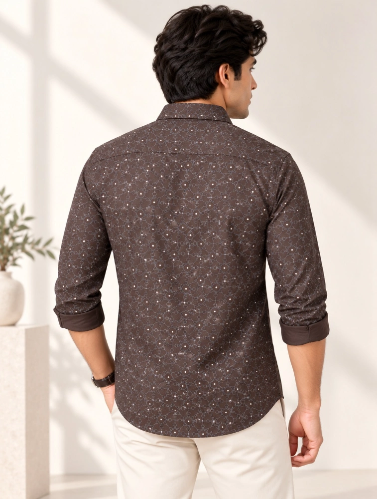 Rust Brown Mens Premium Slim Fit Printed Shirt