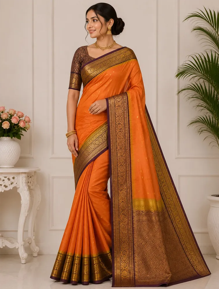 Rust Orange Womens Premium Semi Gadwal Saree