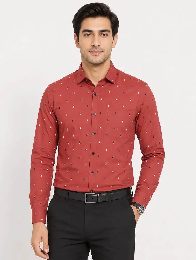 Rust Orange Mens Printed Casual Cotton Shirt