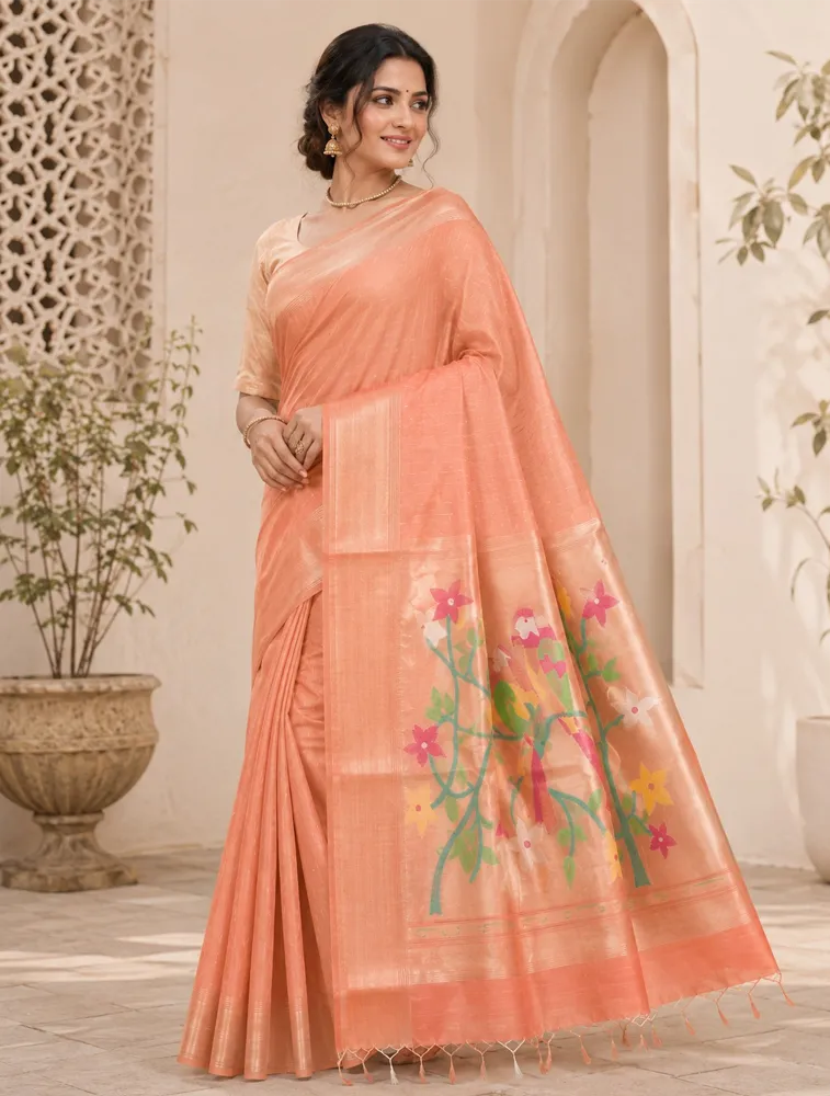 Rust Orange Womens Printed Luxury Kasthuri Cotton Saree — bulk from ₹1616
