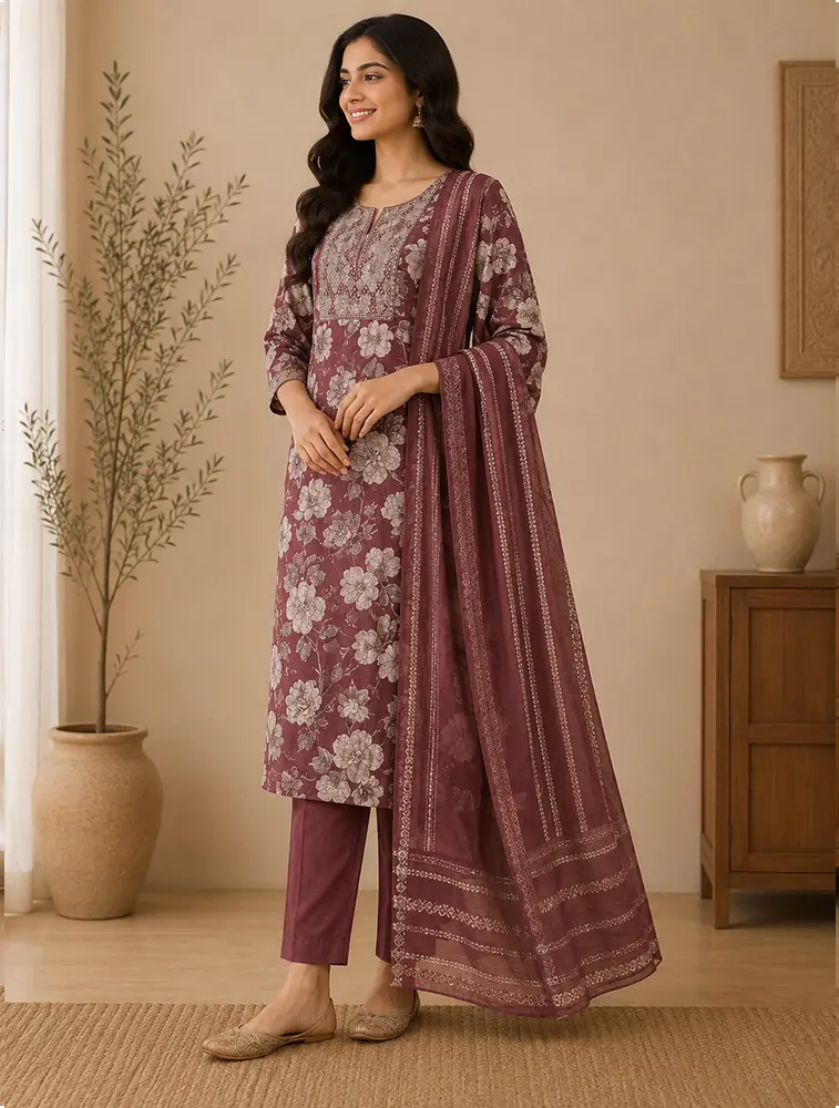 Rust Womens Floral Printed Rayon Fabric Kurtha Set With Dupatta
