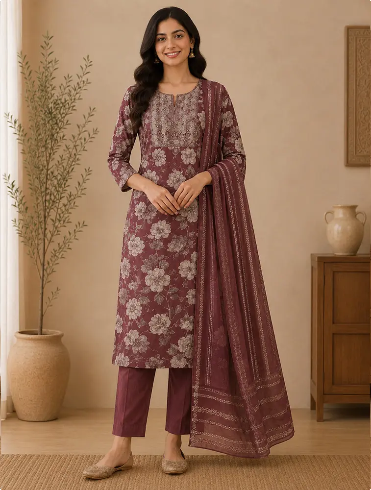 Rust Womens Floral Printed Rayon Fabric Kurtha Set With Dupatta — bulk from ₹1066