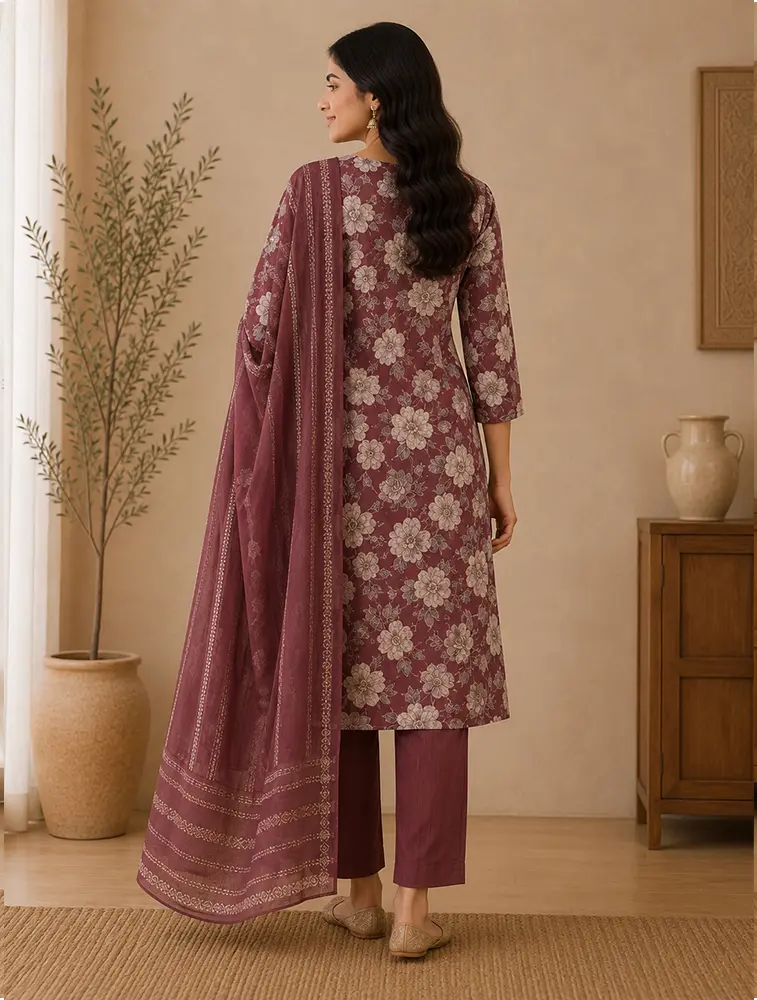 Rust Womens Floral Printed Rayon Fabric Kurtha Set With Dupatta
