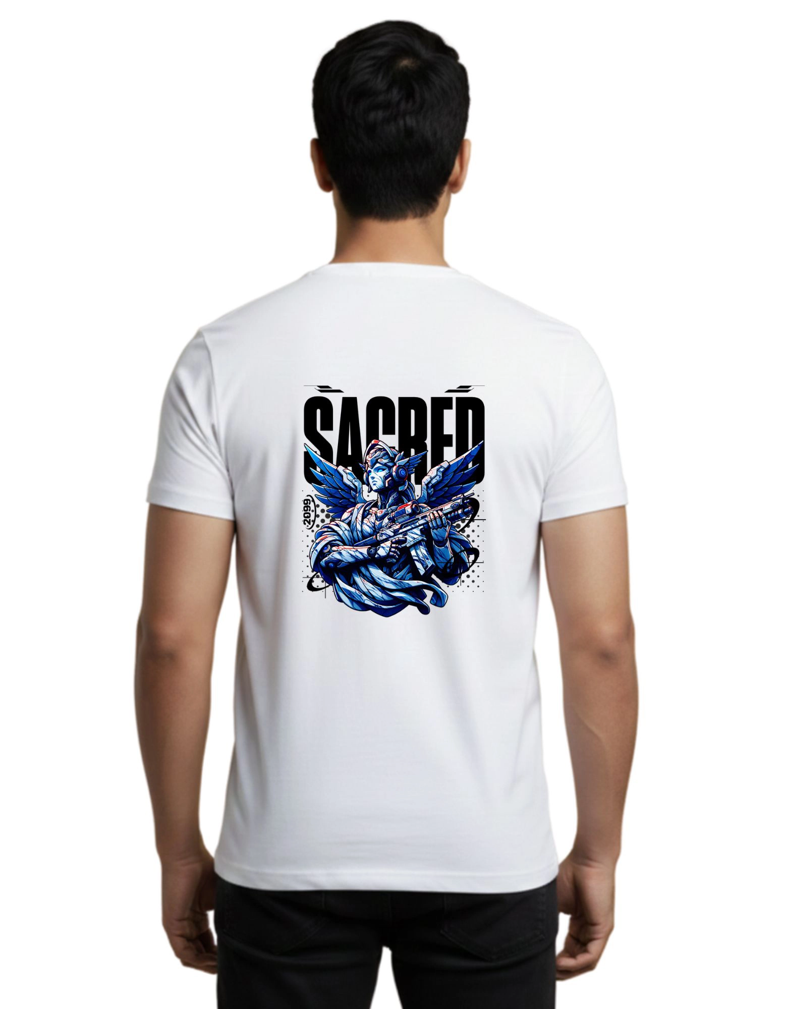 Sacred Cyber Guardian Cotton Round Neck T-Shirt 180 GSM White