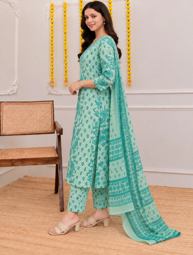 Sage Green  Embroidered Maxi  Gown and Dupatta  Set Ethnic Dresses
