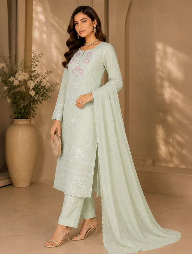 Sage Green  Womens Printed & Embroidered Kurta Sets With Dupatta 