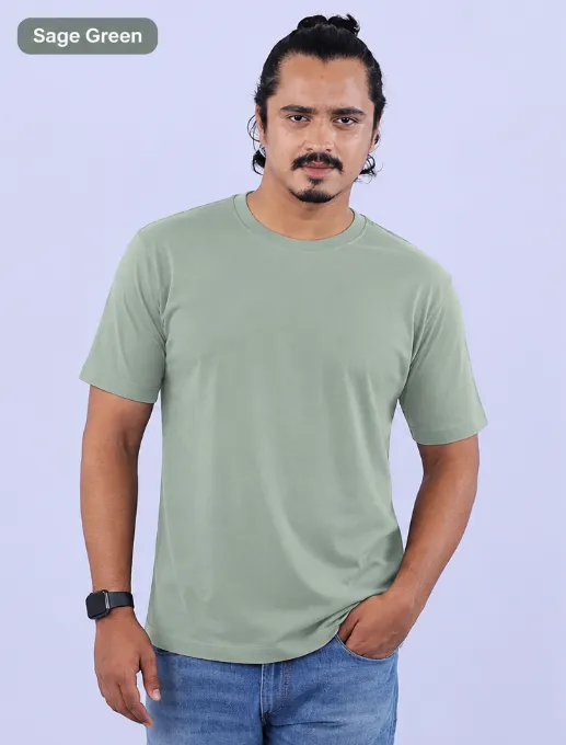 Sage Green Cotton 180 GSM Round Neck T Shirt with Neck label and Sleeve Label