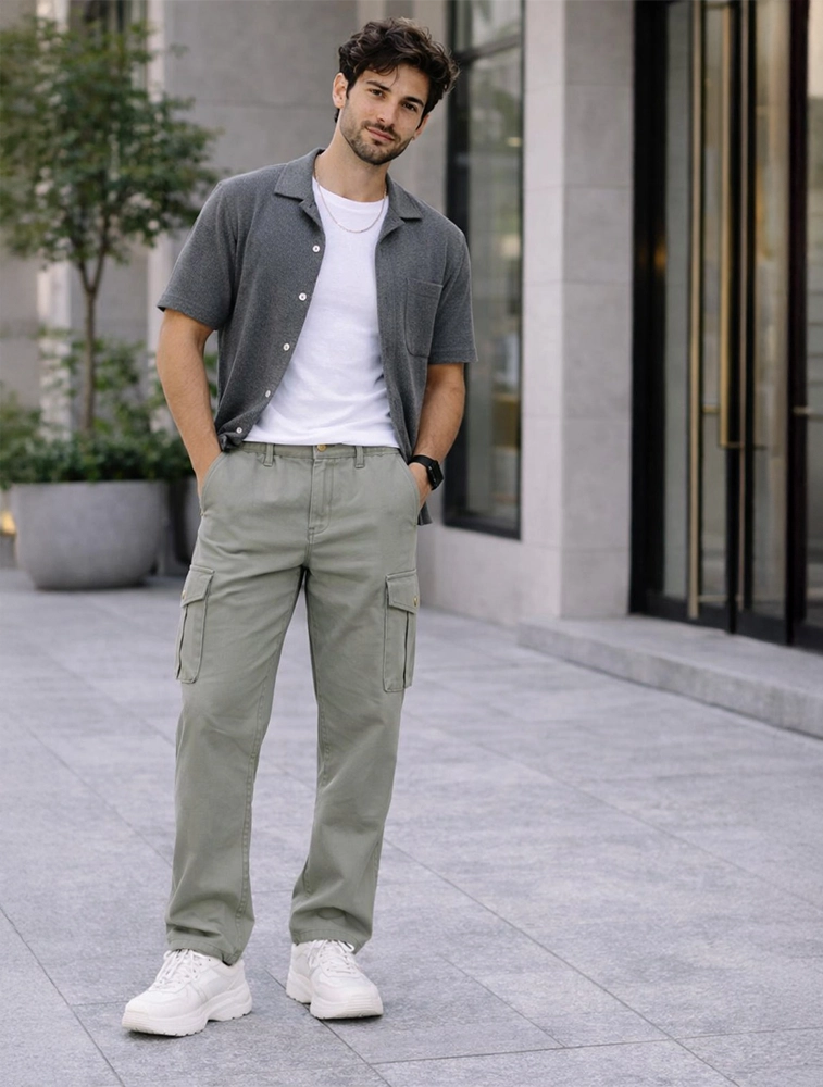 Sage Green Men Cotton Linen Cargo Pants 