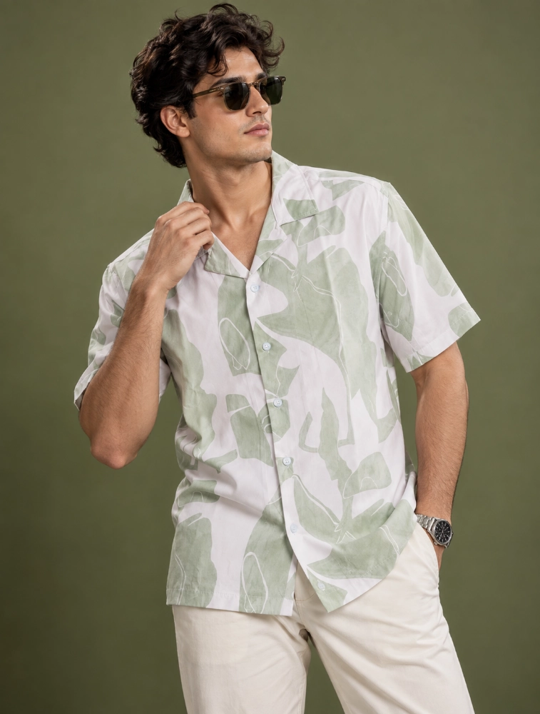 Sage Green Mens 100 percent cotton half sleeve printed shirt