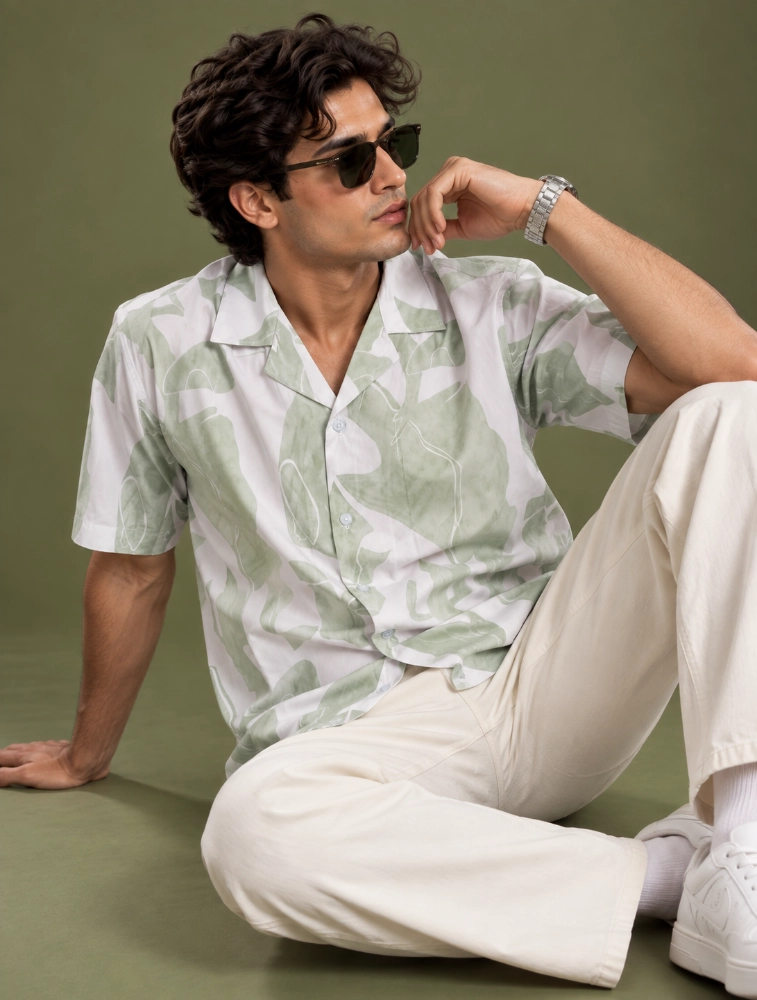  Sage Green Mens 100 percent cotton half sleeve printed shirt