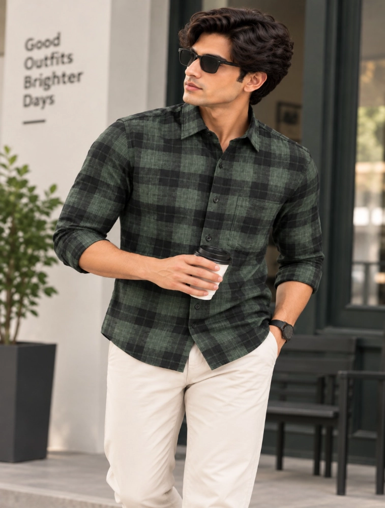 Sage Green Mens Slim Fit Checks Casual Shirt