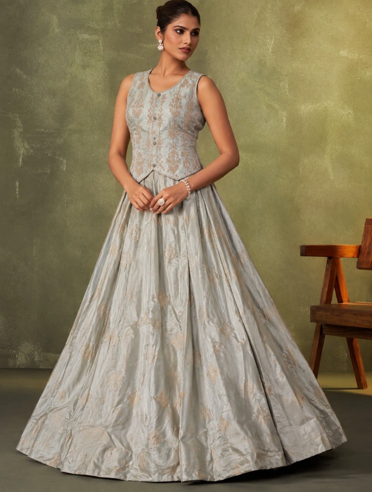  Powder Gery Womens  Embroidered Ready  to Wear Lehenga and Blouse