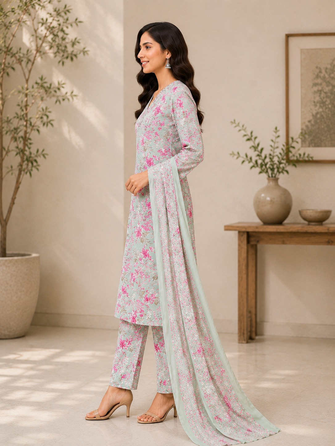 Sage Green Womens Printed Cotton Kurta Set With Dupatta 