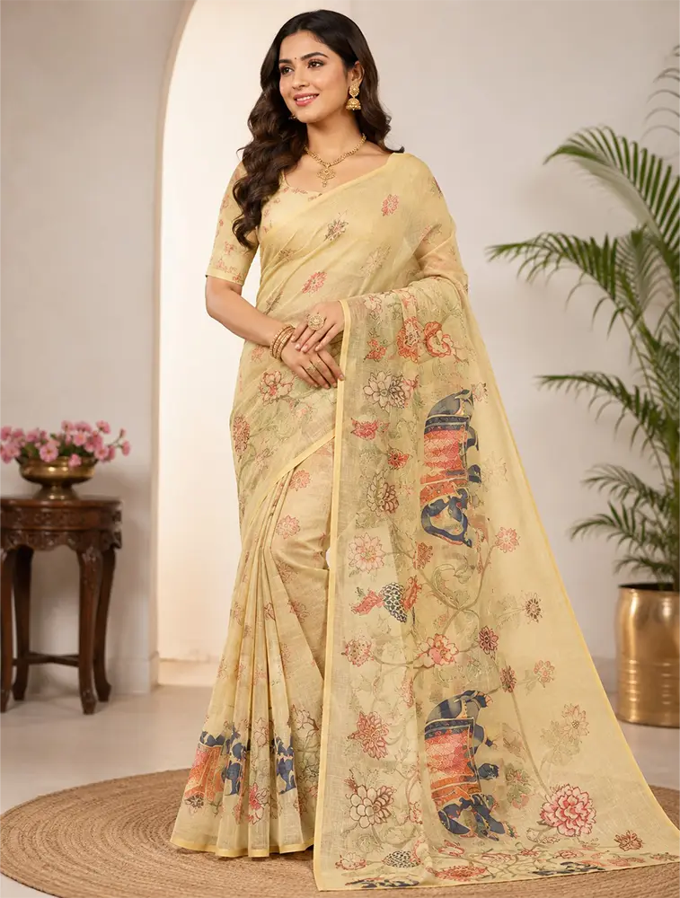 Sand Beige Womens Elegant Linen Cotton Sarees