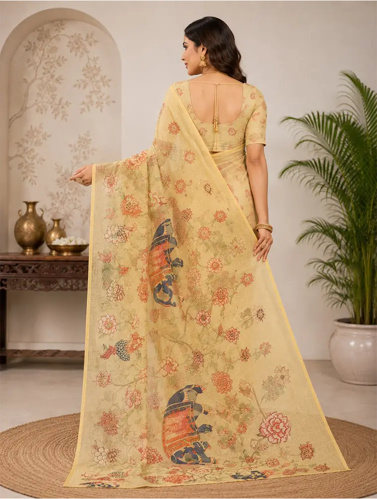 Sand Beige Womens Elegant Linen Cotton Sarees — bulk from ₹2445