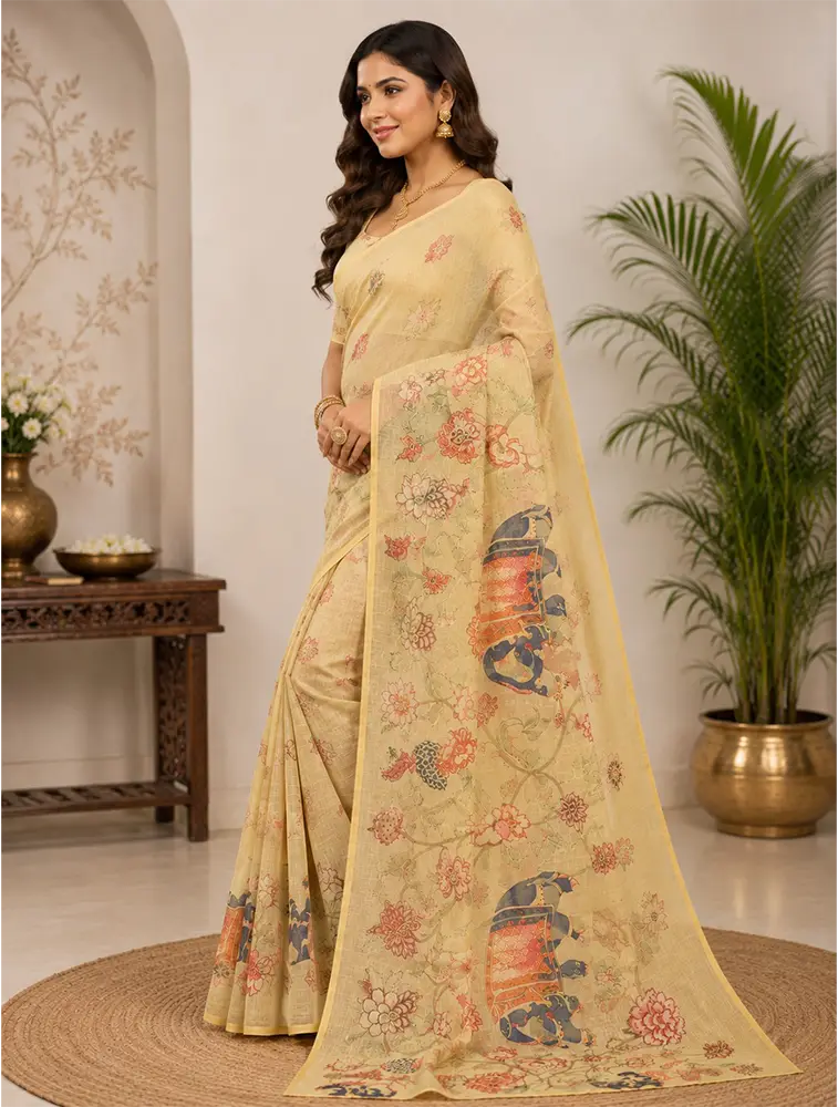 Sand Beige Womens Elegant Linen Cotton Sarees  