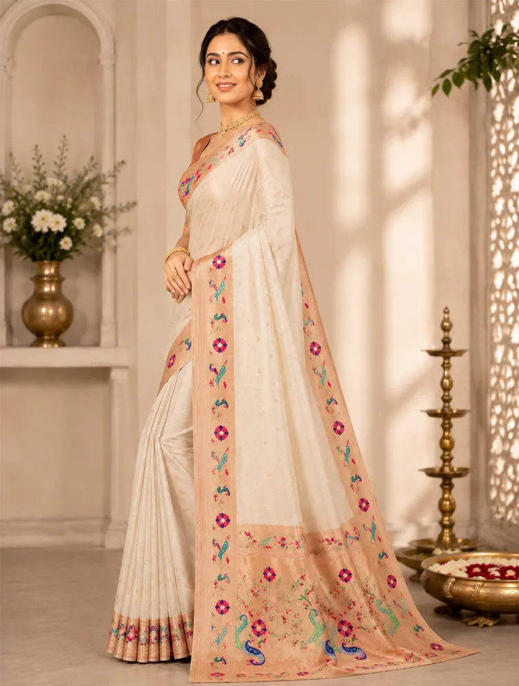 Sand Beige Womens Premium Semi Paitani Sarees With Peacock Border