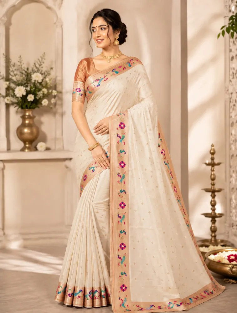 Sand Beige Womens Premium Semi Paitani Sarees With Peacock Border