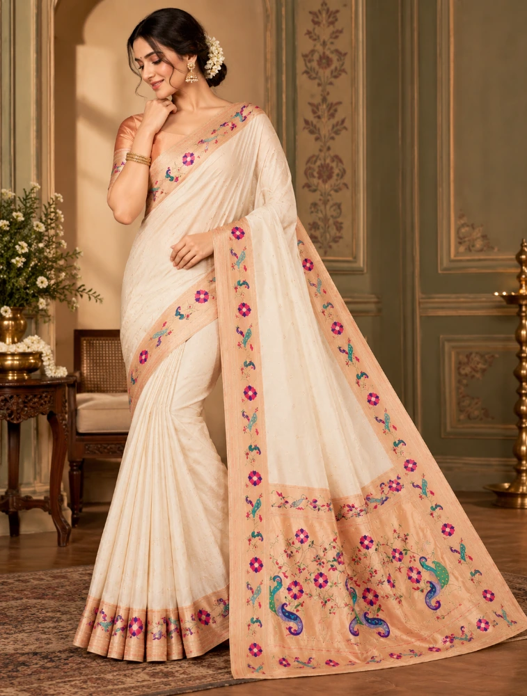 Sand Beige Womens Premium Semi Paitani Sarees With Peacock Border