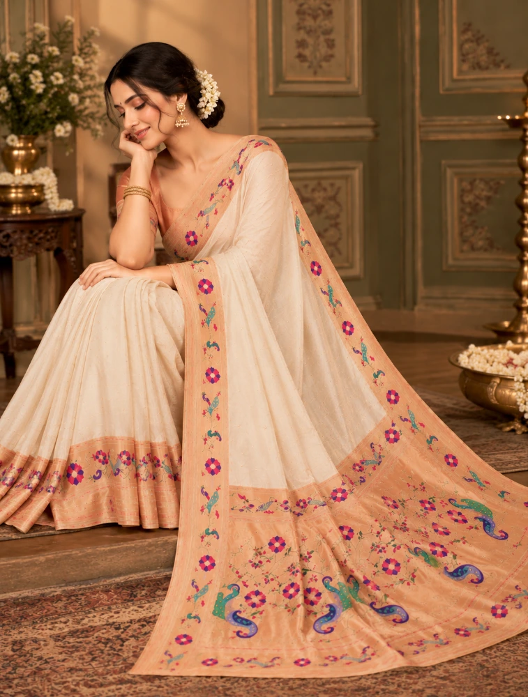 Sand Beige Womens Premium Semi Paitani Sarees With Peacock Border
