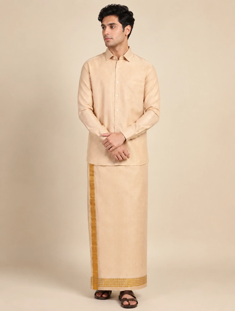 Sandal Gold Mens Traditional Tissue Cross Shirts and Dhoti Sets