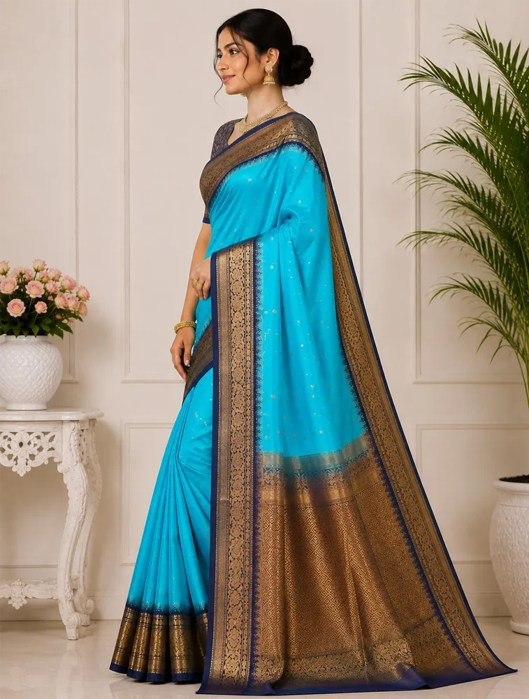Sea Blue Womens Premium Semi Gadwal Saree