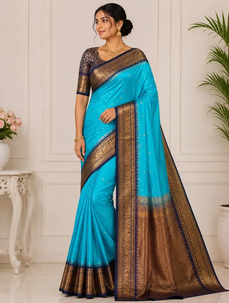Sea Blue Womens Premium Semi Gadwal Saree