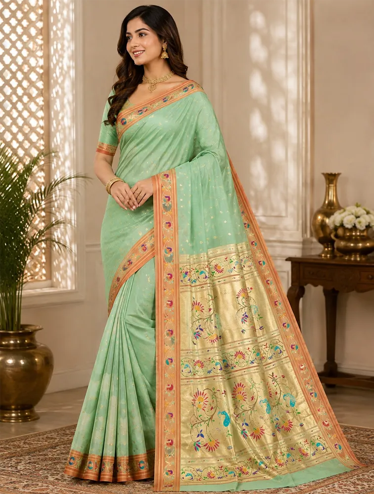 Sea Blue Womens Premium Semi Paitani Sarees With Peacock Border