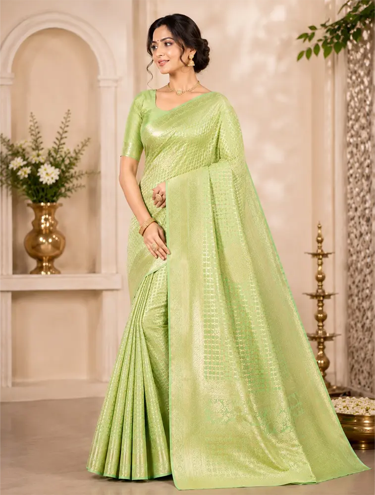 Sea Green Womens Premium Tissue Brocade 3 Card Saree